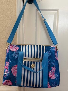 Lilly Pulitzer Blue Floral Stripe Tote with Pink Accents_NWOT_Never used